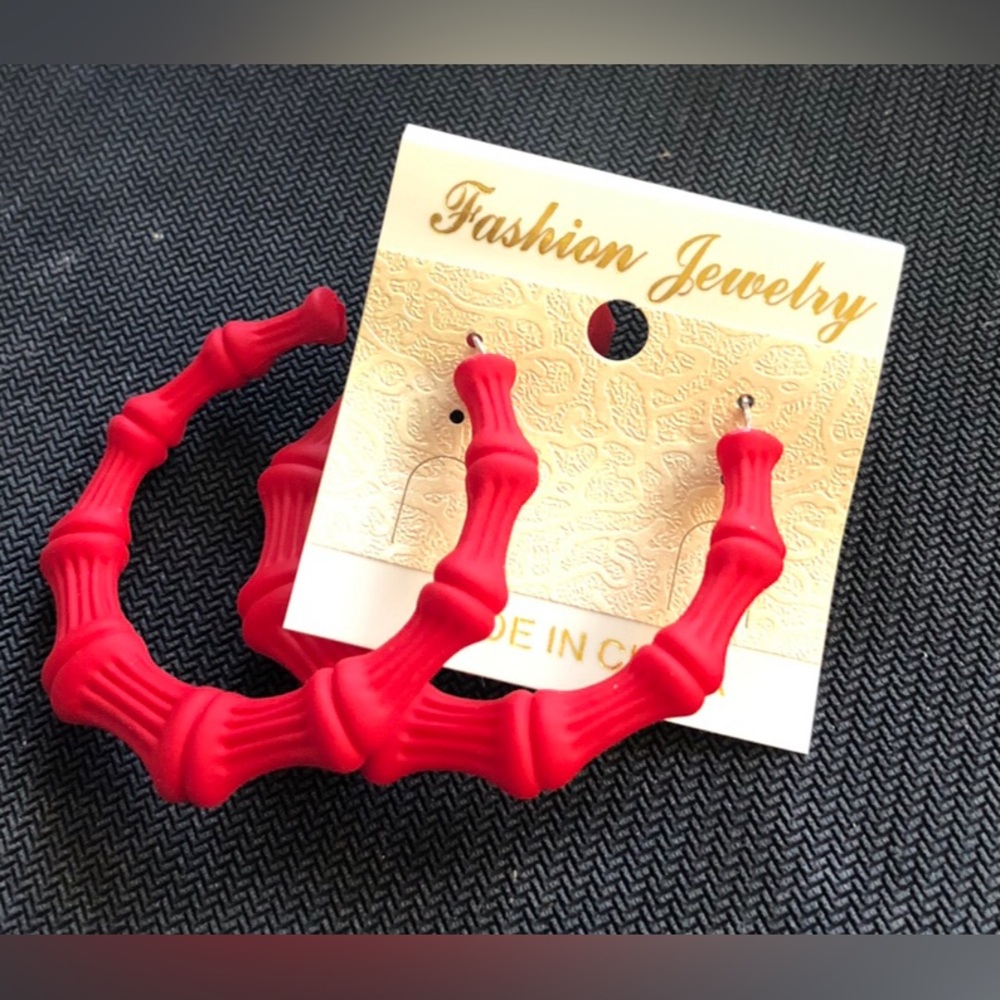 Bold Red Bamboo-Style Hoop Earrings